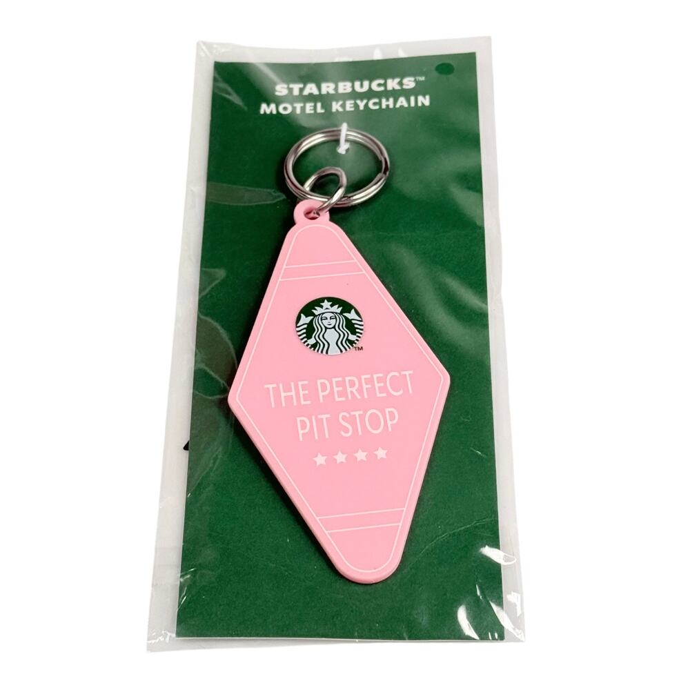 Starbucks Coffee Motel Keychain Road Trip Perfect Pit Stop Pink Key Ring Holder